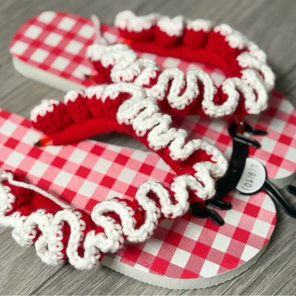 Red and White Crochet Flip Flops Ruffled Straps - Picture 5 of 10